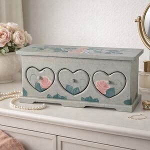 Vintage Painted Wood Jewelry Box Heart Drawers Roses Hummingbirds